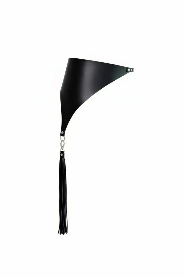 black faux leather asymmetric cone waist harness with silver-linked tassel fringe detail on white background