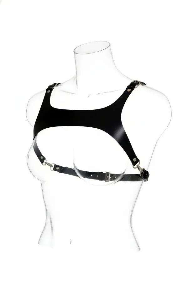 Black faux leather open cup chest harness with adjustable silver-buckle underbust band on mannequin, front view