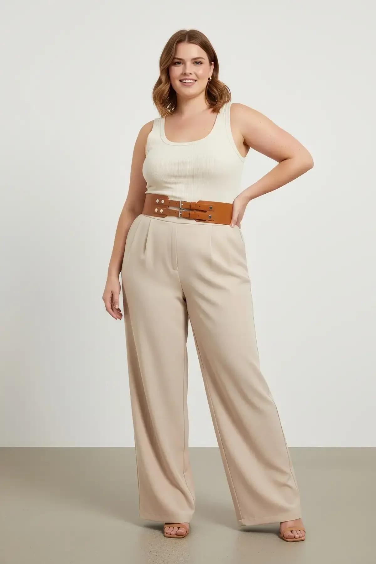Cognac tan vegan leather wide waist belt with dual adjustable buckle closures front view