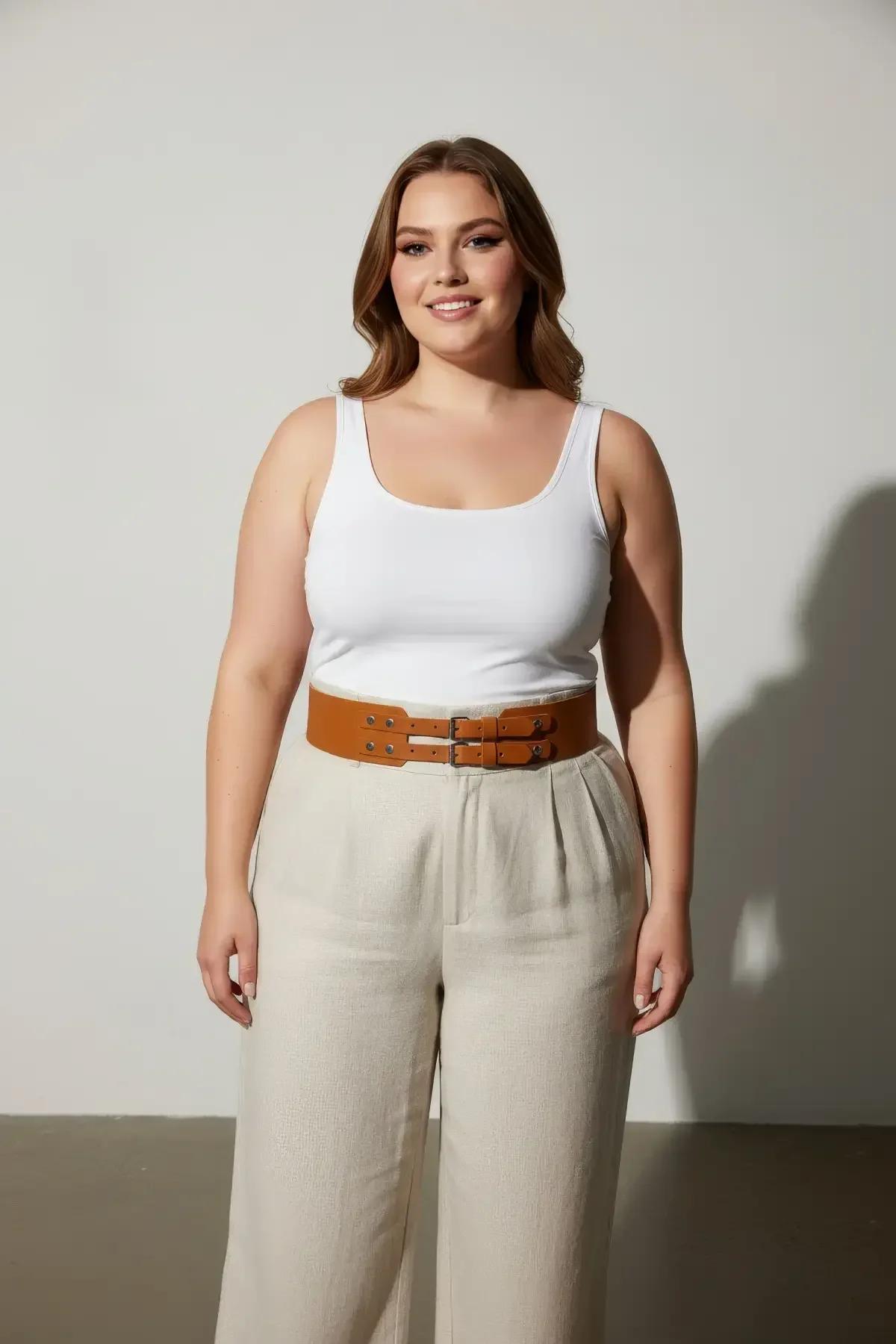 Double buckle tan faux leather belt panel width showing 8-10 cm structured waist cincher