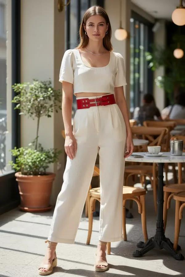 Wide red faux leather waist belt with double silver buckles worn over cream high-waisted trousers, smooth glossy finish