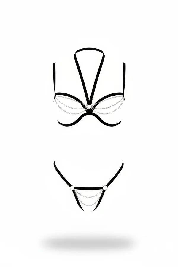 Black faux leather halter chest harness set with draped silver chains and O-ring connectors, two-piece including brief