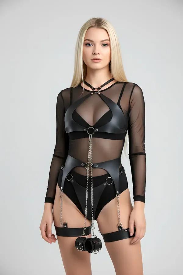 siyah vegan deri harness takım gümüş zincir detaylı bralette bel bandı uyluk bantları ve bilek kelepçesi seti