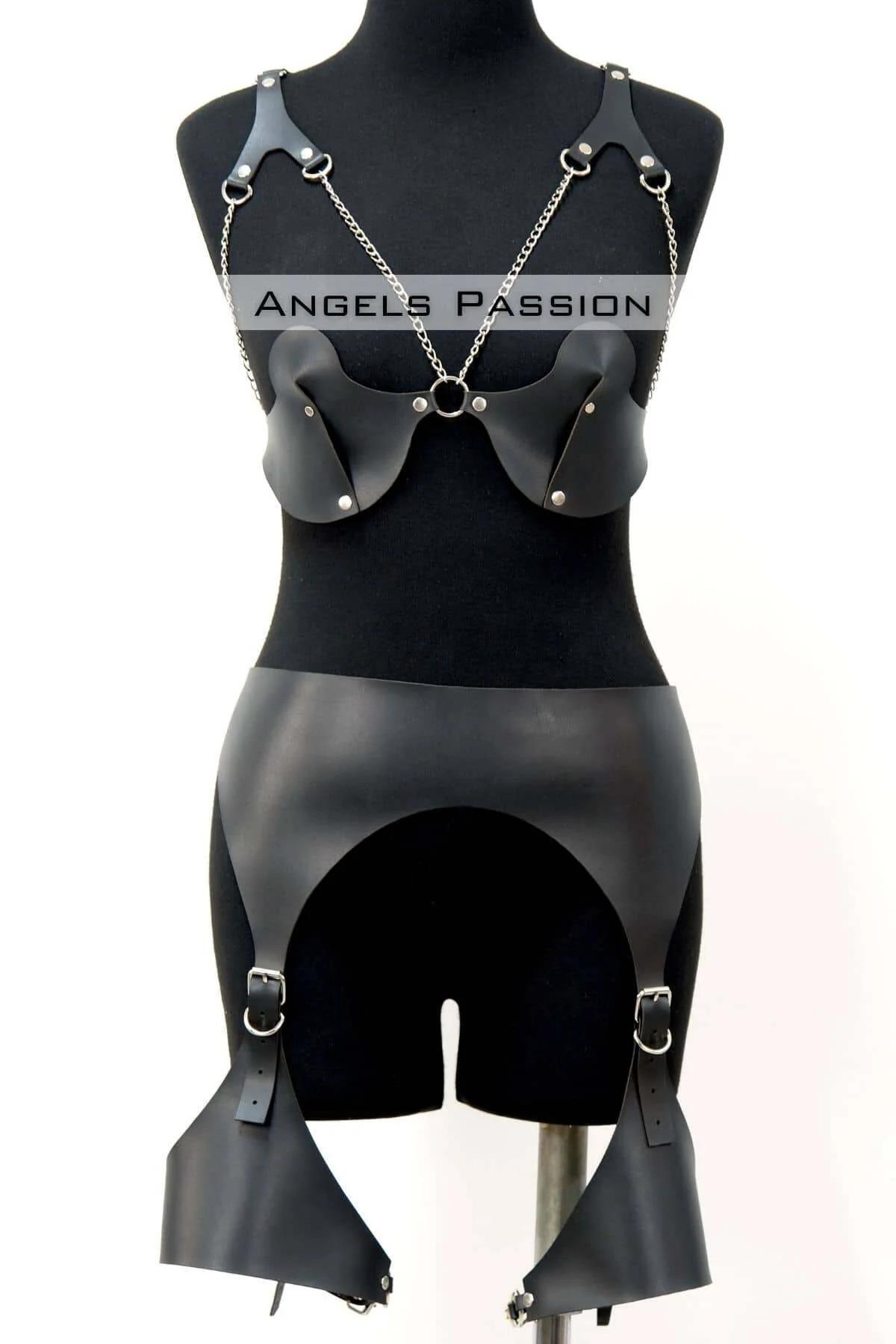 Black Faux Leather Studded Harness Bra & Thigh Set