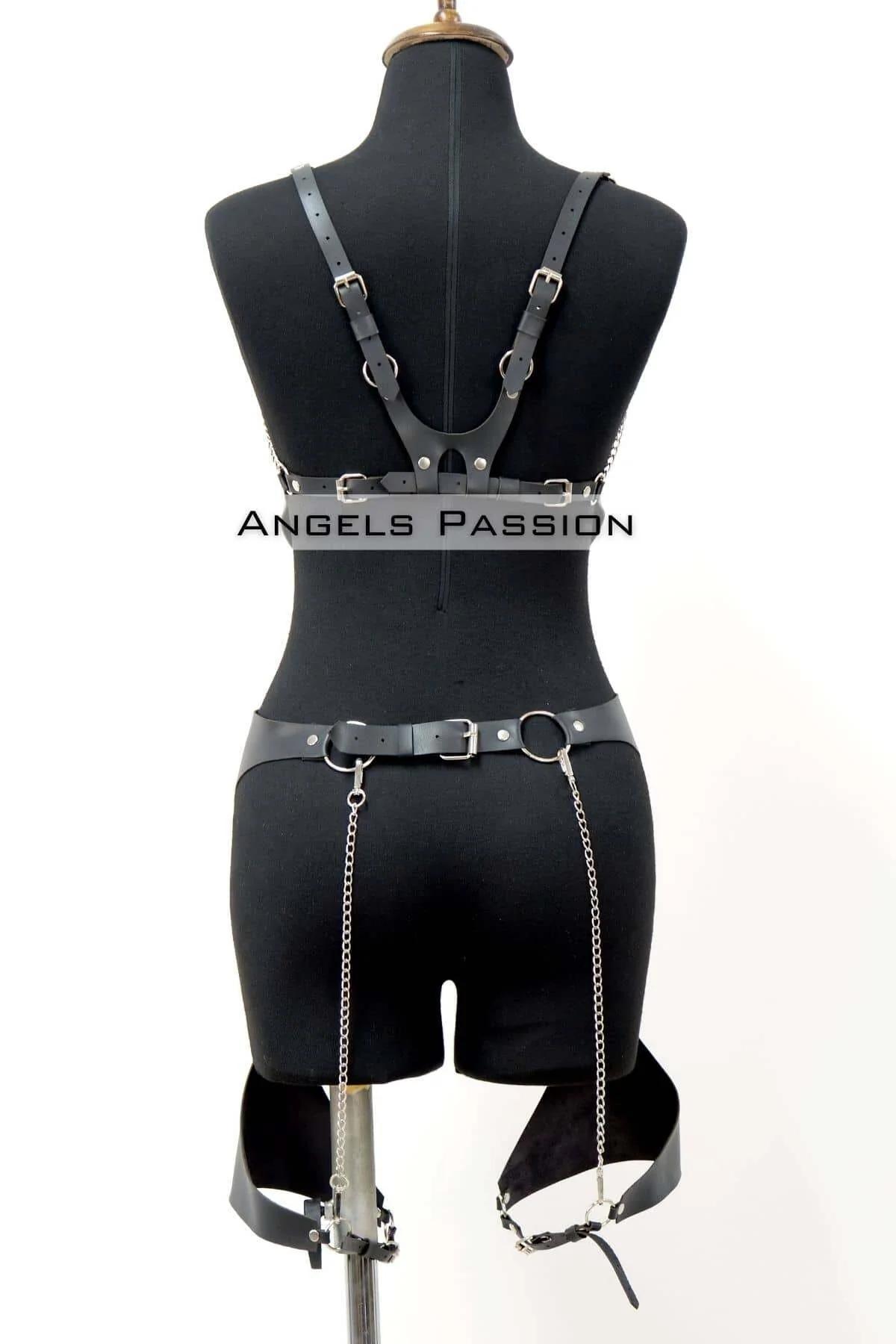 Black Faux Leather Studded Harness Bra & Thigh Set