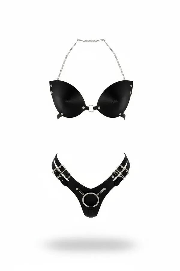 siyah suni deri zincir askılı harness takım gümüş O-ring ve çift tokalı iki parçalı set
