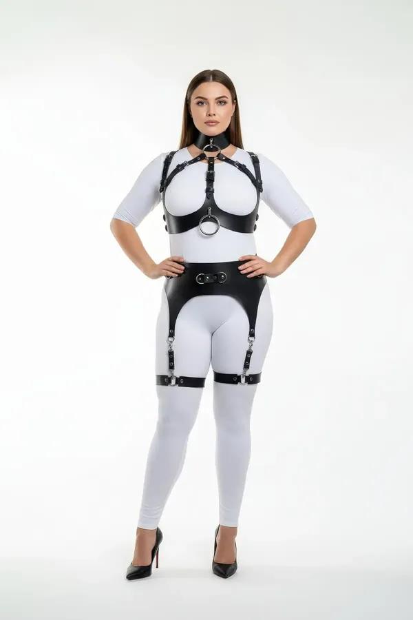 siyah vegan deri full body harness takım büyük beden gümüş O-halka jartiyer detaylı