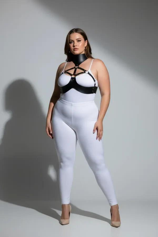 büyük beden siyah vegan deri harness takımı yüksek yakalı O-halka detaylı underbust bantlı