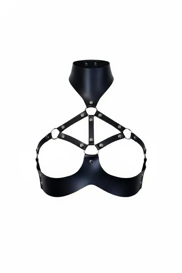black matte faux leather high collar chest harness with three silver O-rings and rivet-studded straps, front view