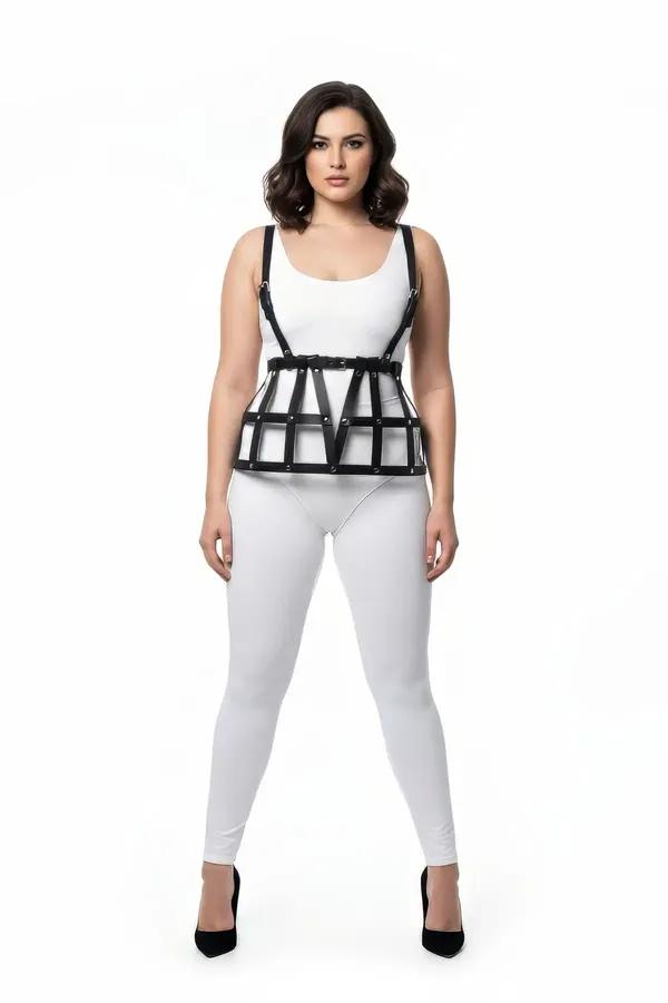 Black faux leather structured cage body harness with rectangular grid torso panel and adjustable silver-hardware shoulder str