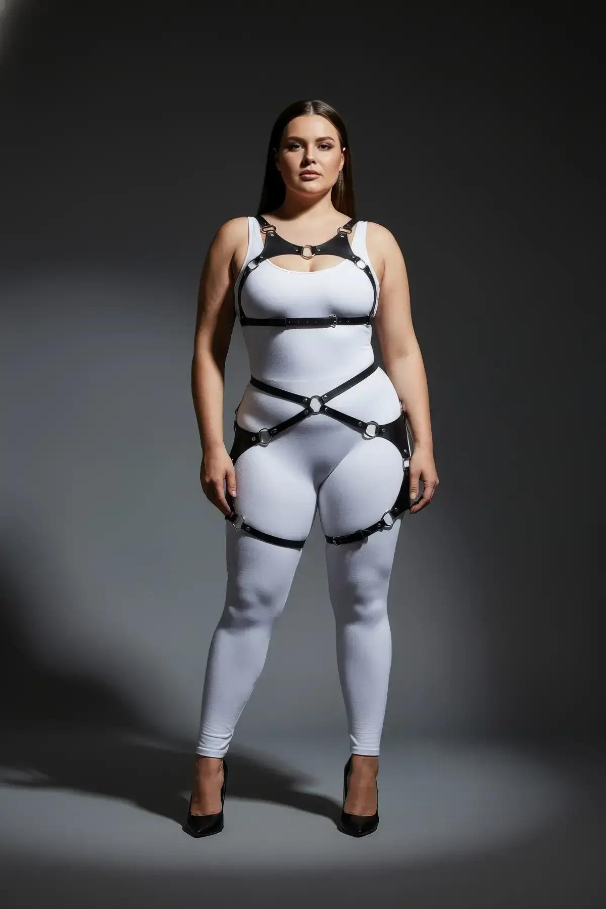 harness takım bel çapraz bantları gümüş toka detayı büyük beden siyah
