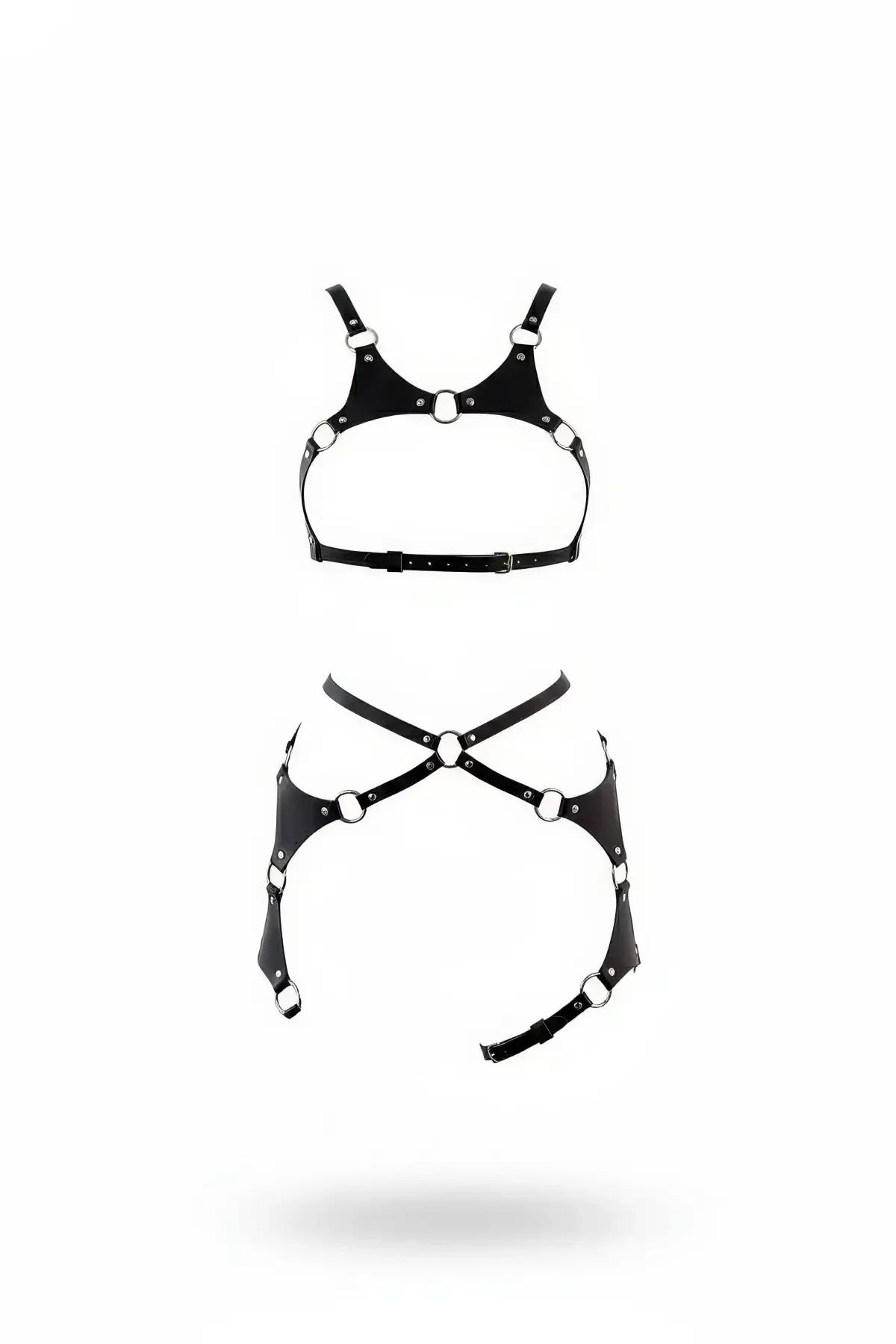 Siyah vegan deri harness takım O-halkalı göğüs bandı ve kalça+uyluk bandı gümüş toka ile