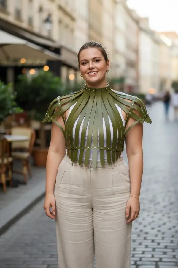 khaki vegan leather multi-strap cage corset harness plus size with gold riveted shoulder panel