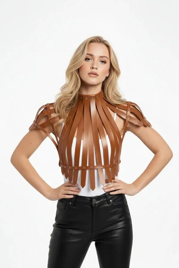 Tan faux leather cage shoulder harness with high neck collar, vertical multi-strap cage silhouette, and silver stud hardware 