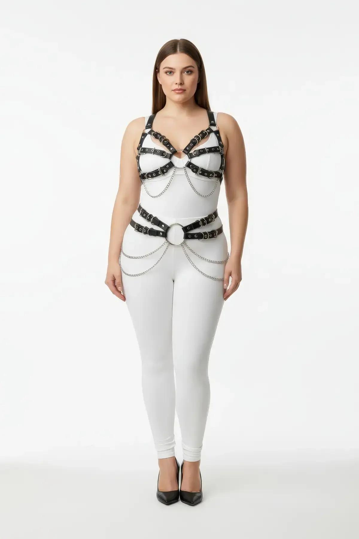 Front view of black vegan leather six-strap chest cage harness with silver O-ring center