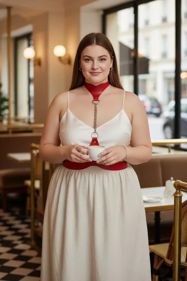 red vegan leather choker and waist belt set with silver chain O-ring connection plus size