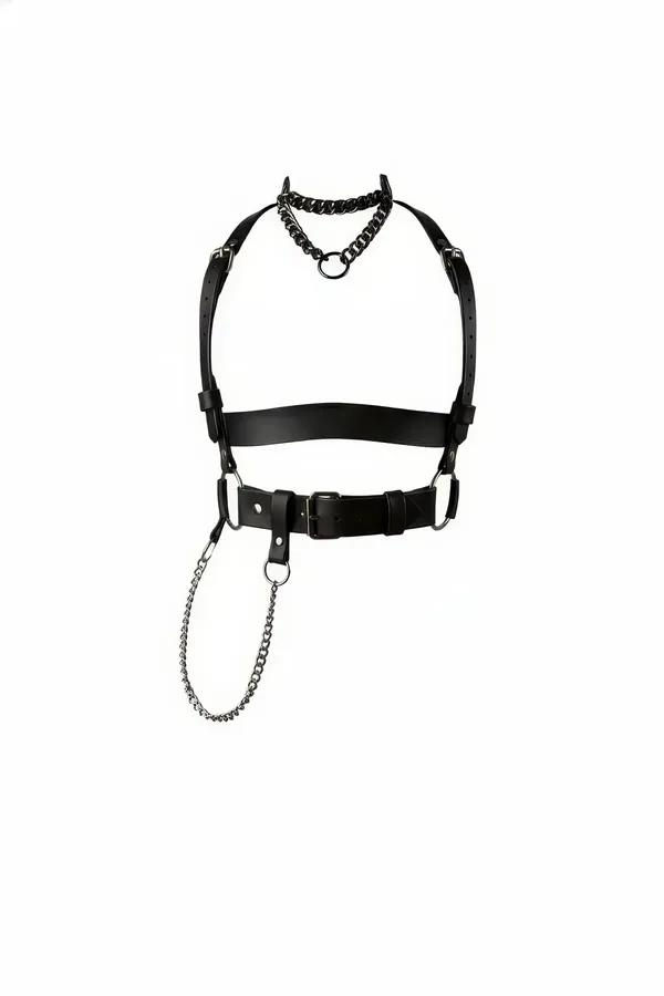 Black faux leather body harness with choker, front O-ring, and detachable silver curb-link chain on white background