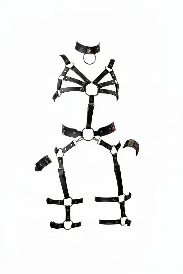 siyah vegan deri tam vücut harness seti gümüş O-halka tokalar choker göğüs bel bacak bilek parçaları