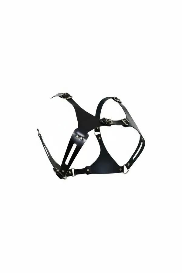 black faux leather structured chest harness with six silver-tone pin buckles and wide under-bust panel, flat product view