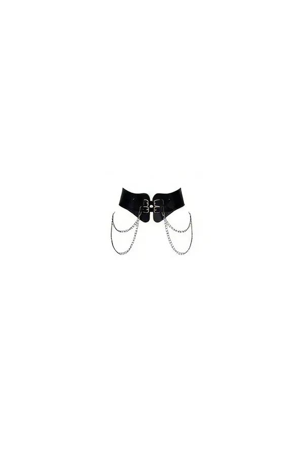 black faux leather wide corset belt with double silver buckles and draped link chains