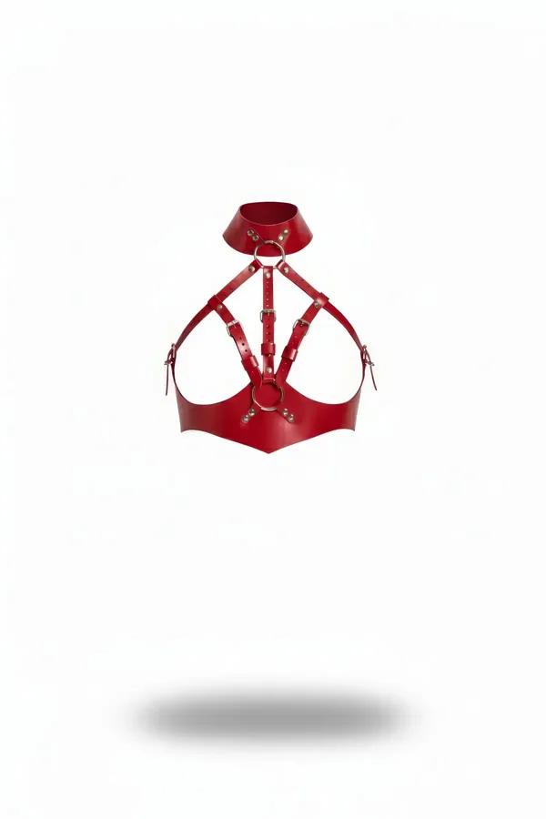 Red faux leather caged chest harness with wide choker collar, dual silver O-rings, and adjustable buckle straps