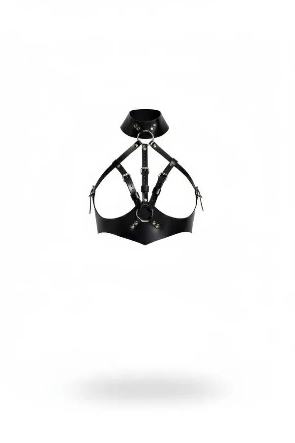 black faux leather caged chest harness with wide choker collar, dual silver O-rings and four rectangular buckle adjusters