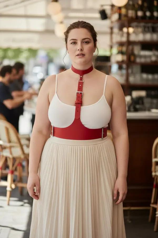 Red vegan leather underbust harness and choker set with silver buckle details worn over white top