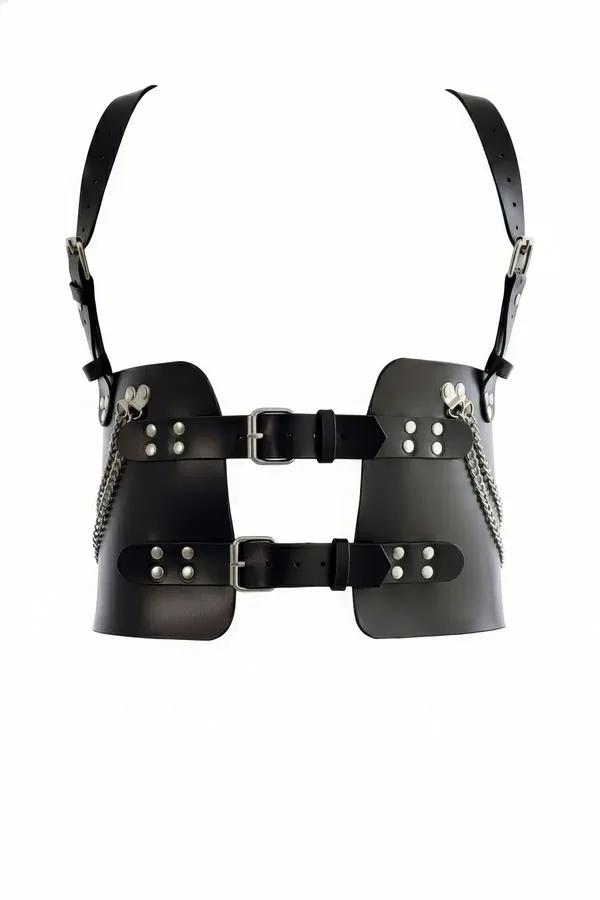 black faux leather body harness with wide structured panels silver-tone chains rivet studs and dual adjustable buckle straps 