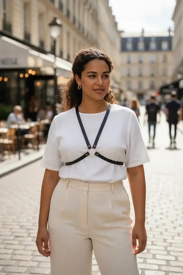Black faux leather underbust harness with gold O-ring worn over white t-shirt street style