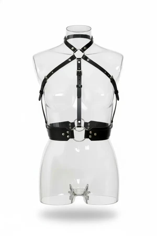 Black faux leather choker body harness with X-cross chest straps and silver O-ring waist belt on mannequin