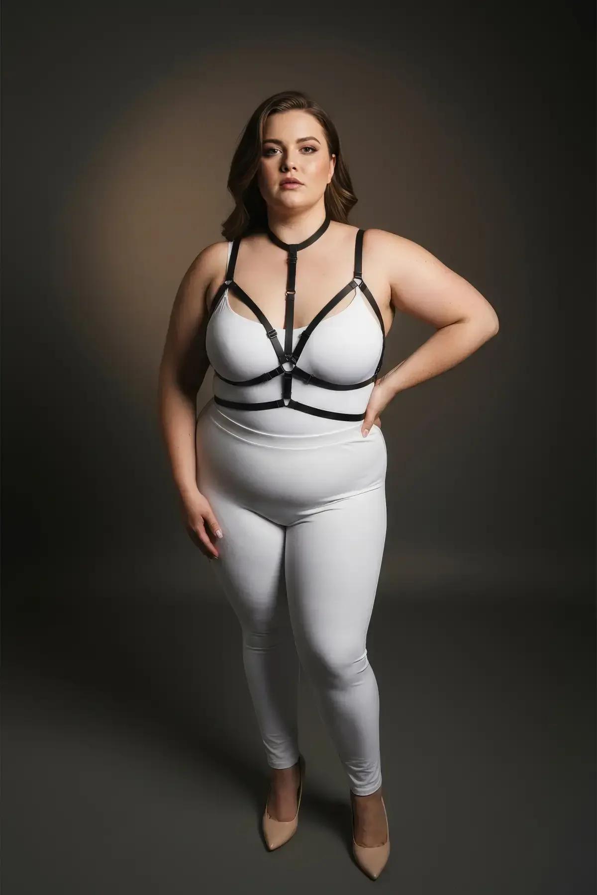 Black strappy chest harness with integrated choker collar and silver O-ring worn over white bodysuit