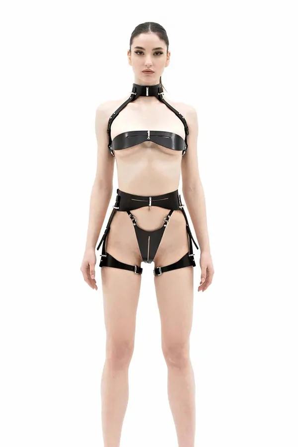 siyah vegan deri 3 parcali harness takim choker gögüs bandi bacak askisi gümüs fermuar detayli