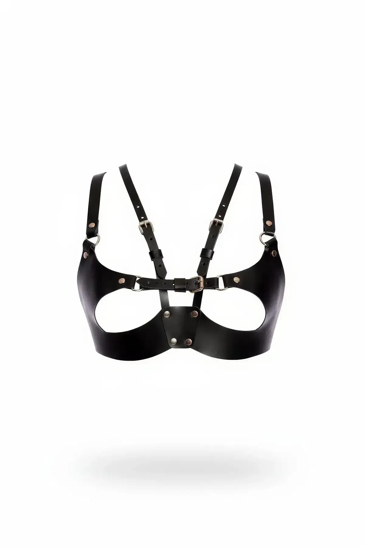 black faux leather chest harness with silver buckle shoulder straps and cutout underbust panels front view