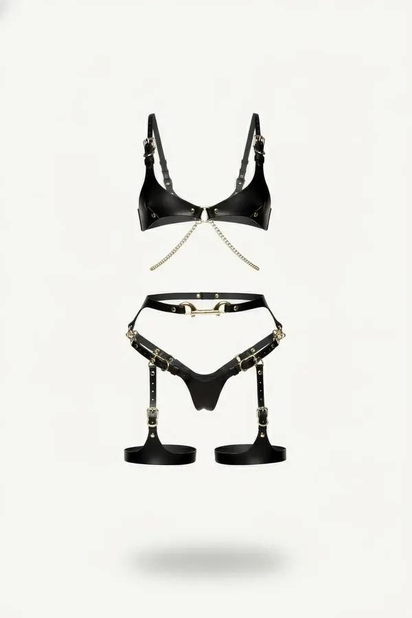 siyah vegan deri harness takım altın zincir bralette bel bacak halkası tokalı set