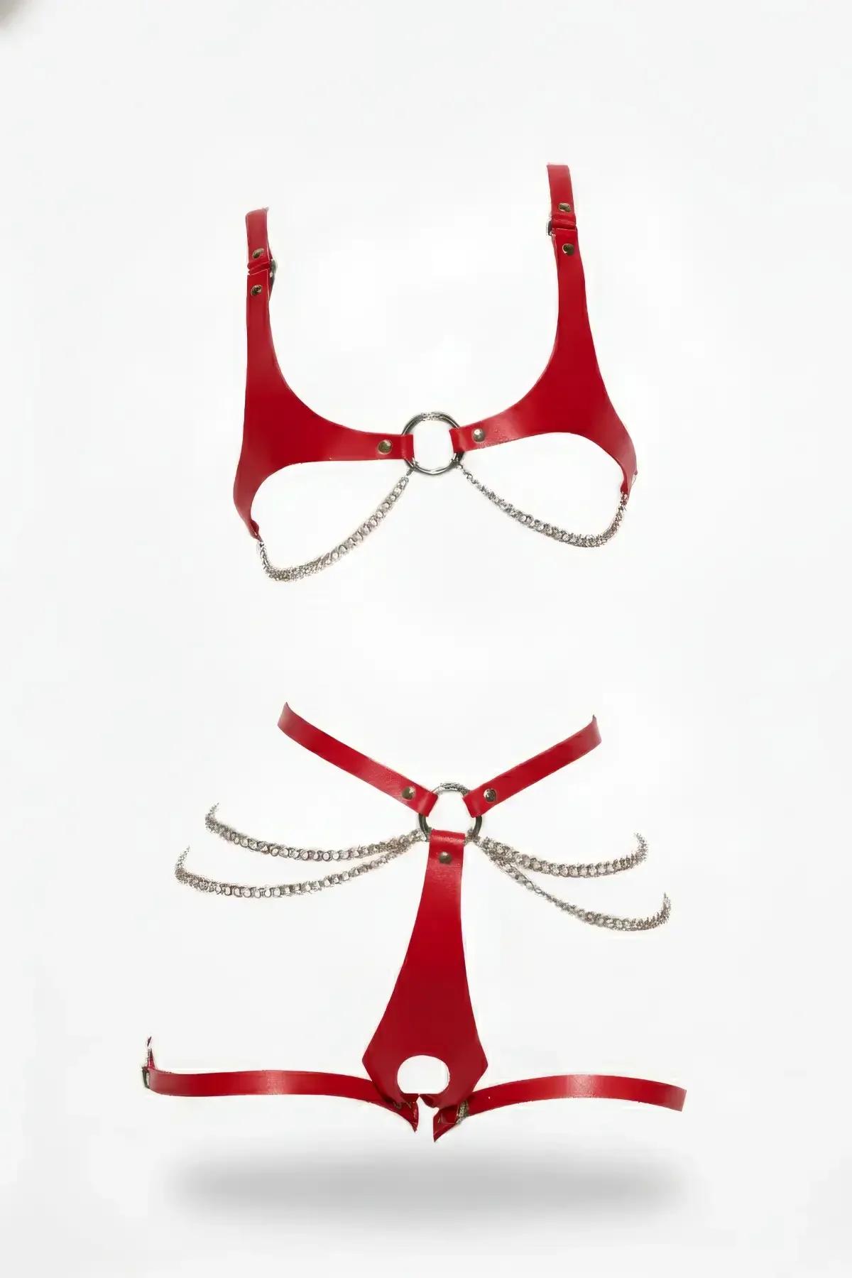 Red faux leather two-piece harness set with silver O-ring and draped chain details on chest and hip pieces