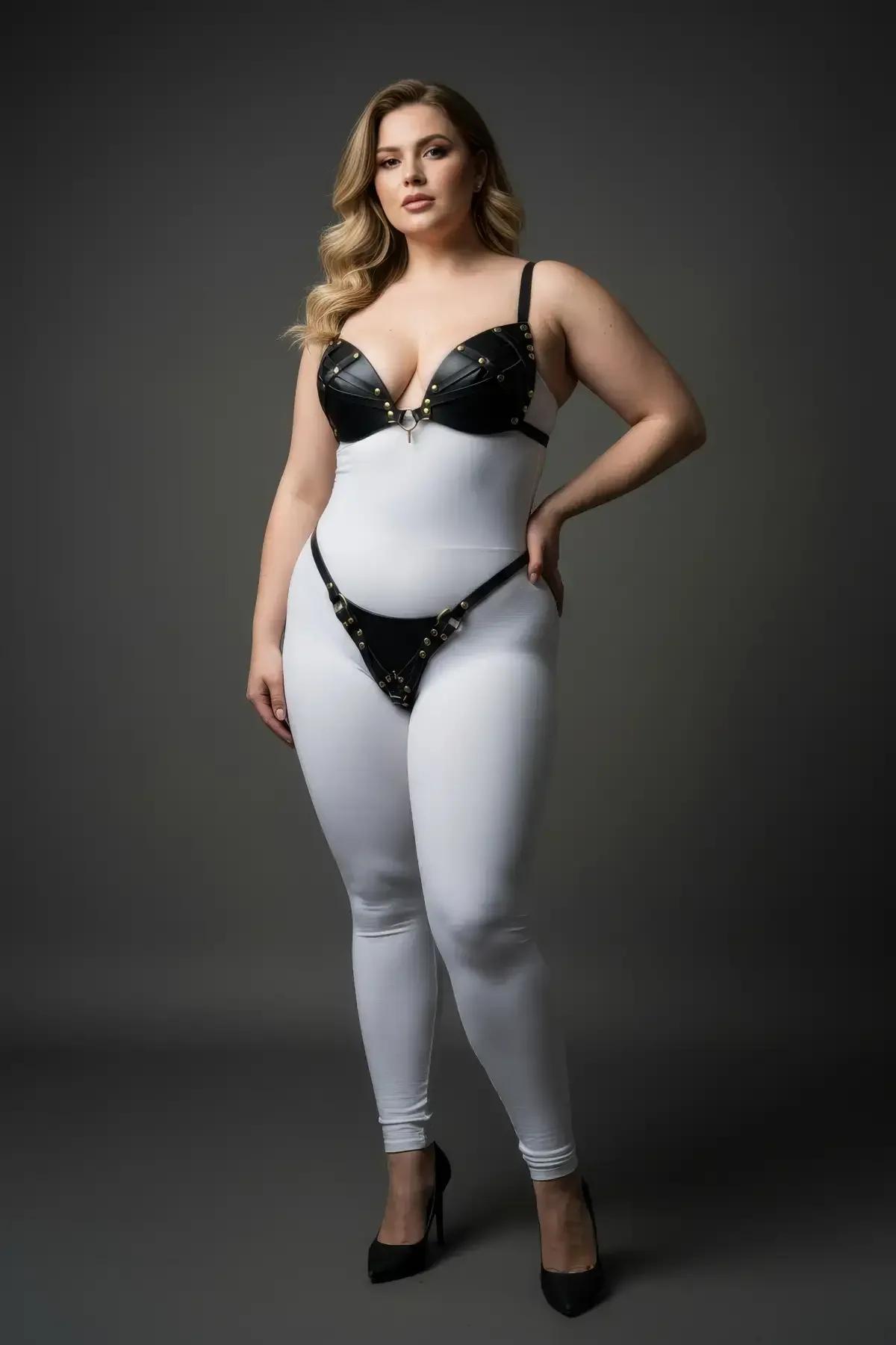 Black faux leather studded bra top and hip harness set with gold O-ring and buckle hardware