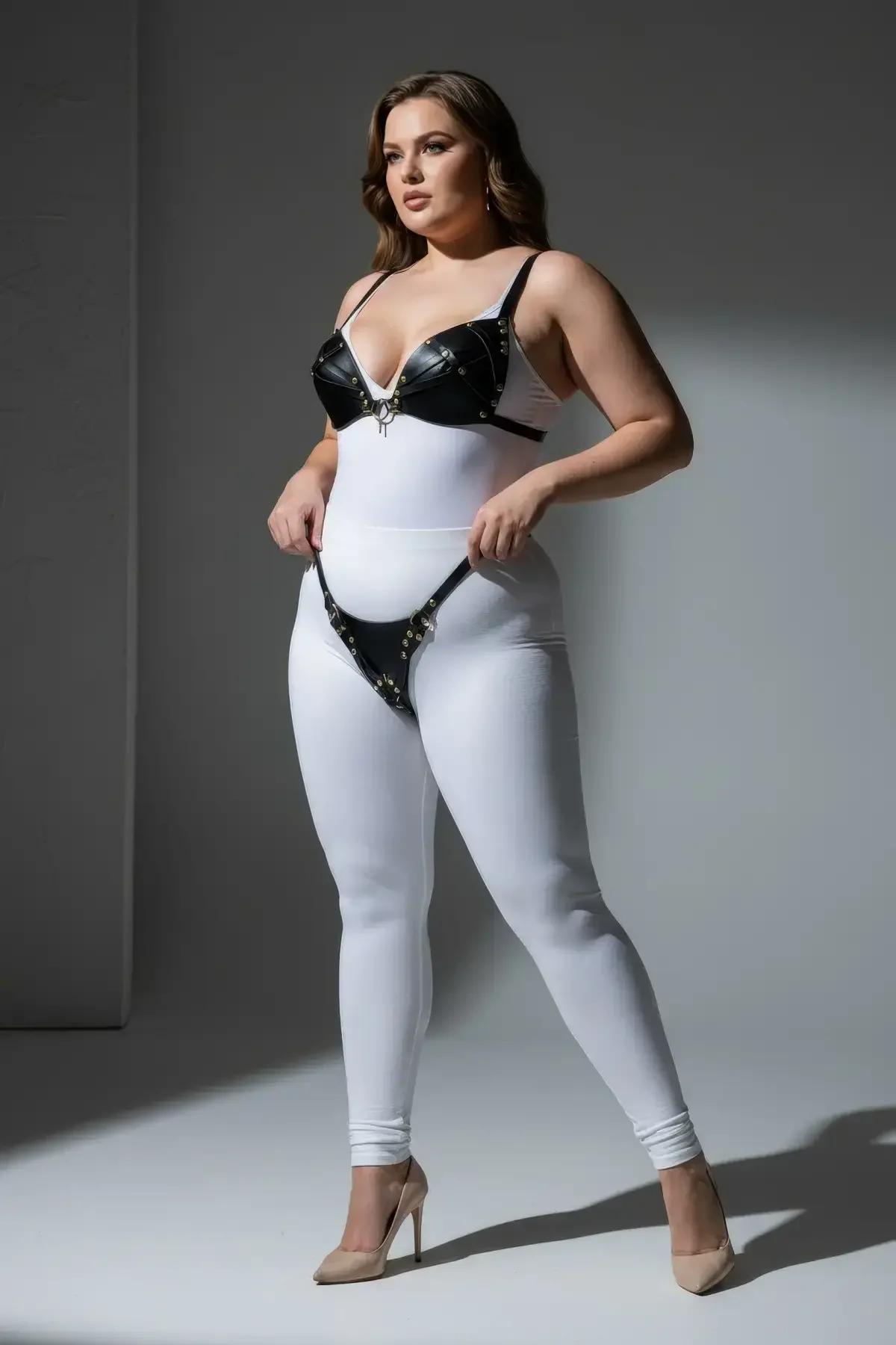 Front view of black PU leather bra top with gold-tone stud trim and center O-ring detail