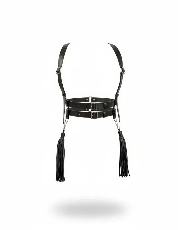 black faux leather double buckle waist harness with detachable tassel chains hanging from silver hip D-rings