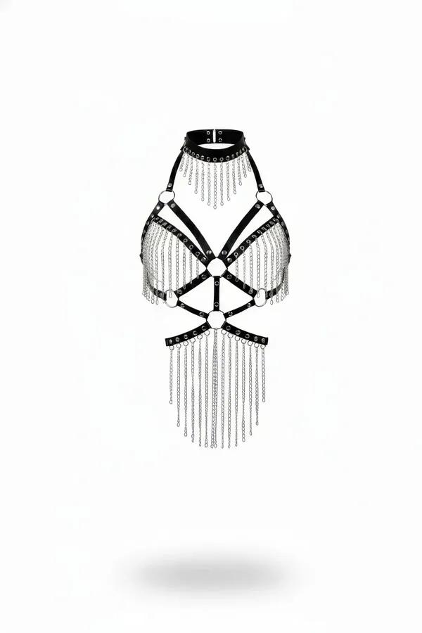 siyah vegan deri zincir saçaklı bra harness choker yaka gümüş O-ringler ve uzun zincir perdeli bel bandı