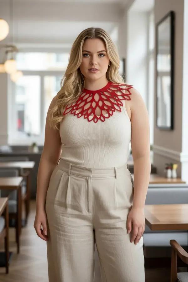 Red faux leather laser cut petal choker necklace wide collar with cutout floral petal pattern