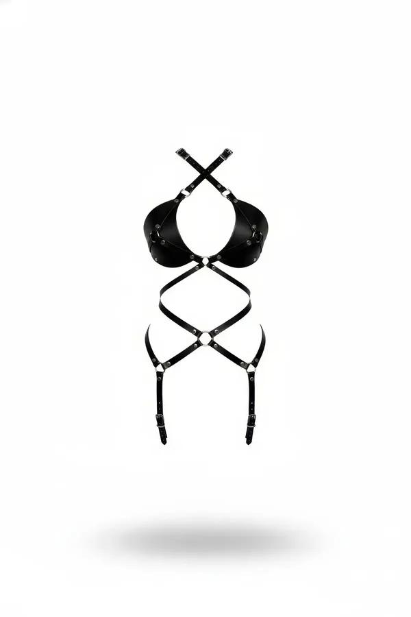 siyah faux leather çapraz bağlamalı body harness jartiyer şeritli gümüş O-ring ve metal tokalı tam vücut set