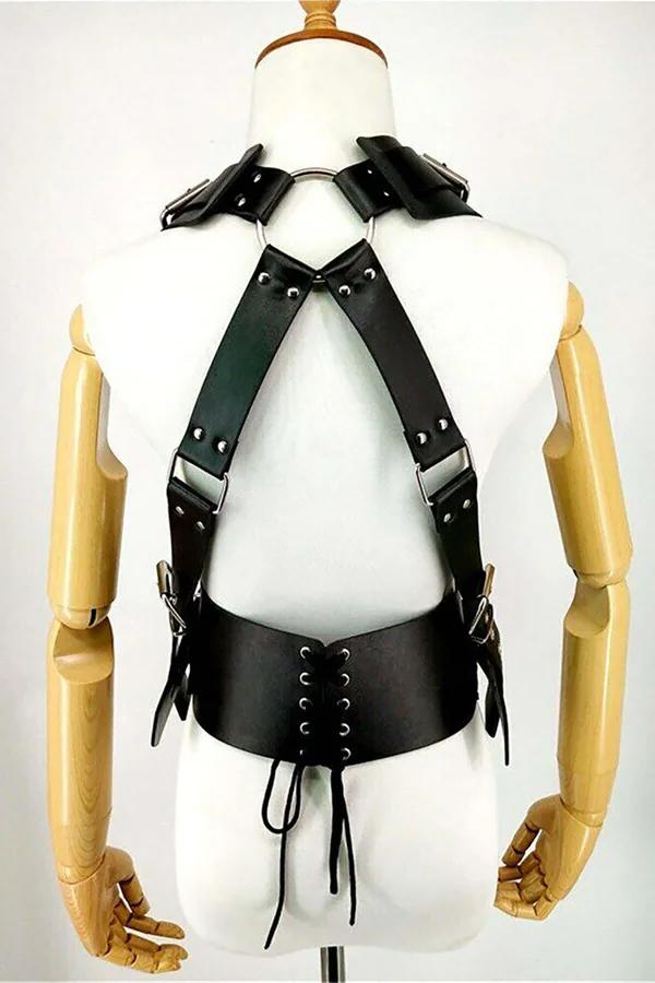 Black faux leather body harness with wide lace-up corset waist belt and silver O-ring chest detail on mannequin
