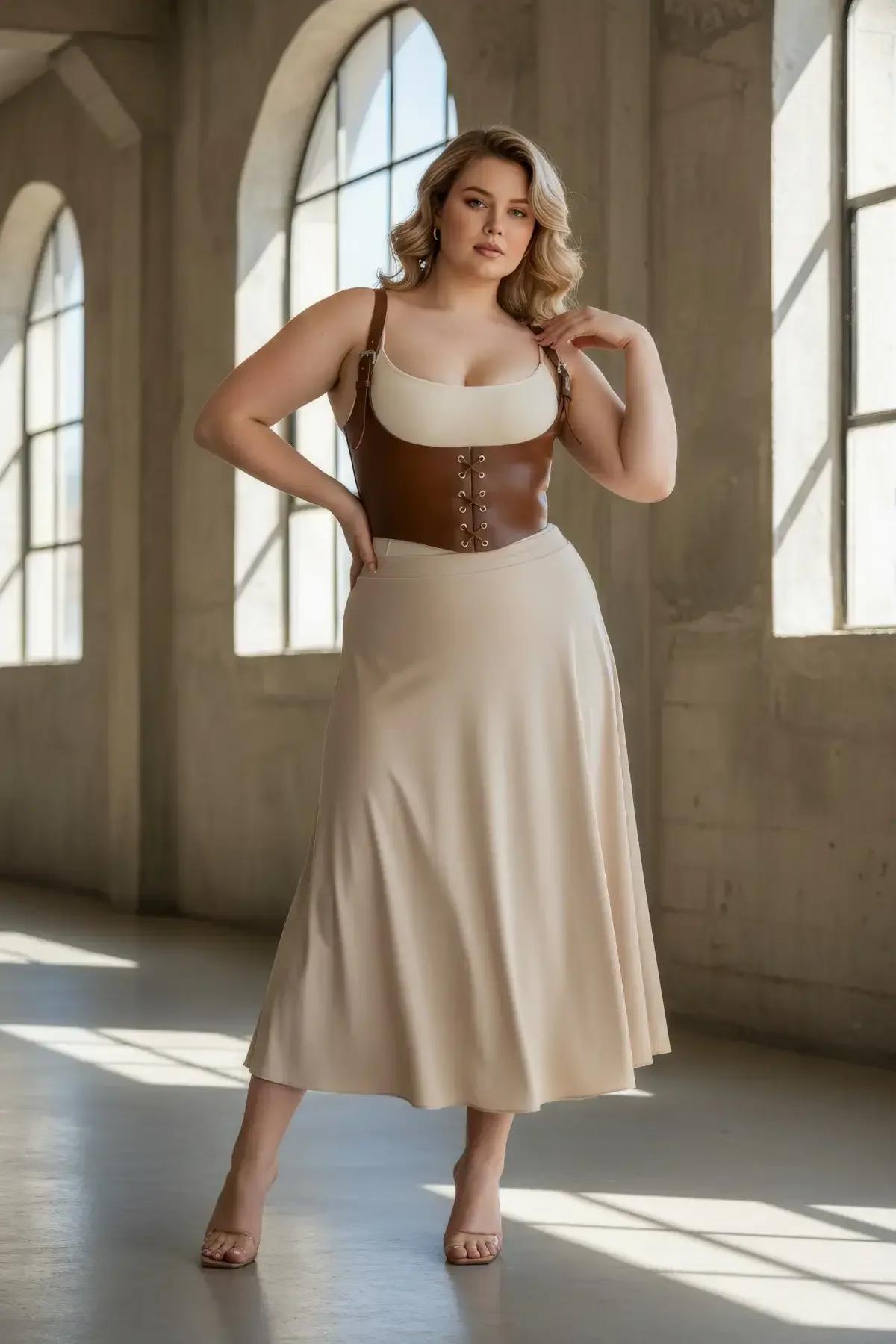 Cognac brown PU leather corset cincher showing silver-tone buckle shoulder strap detail