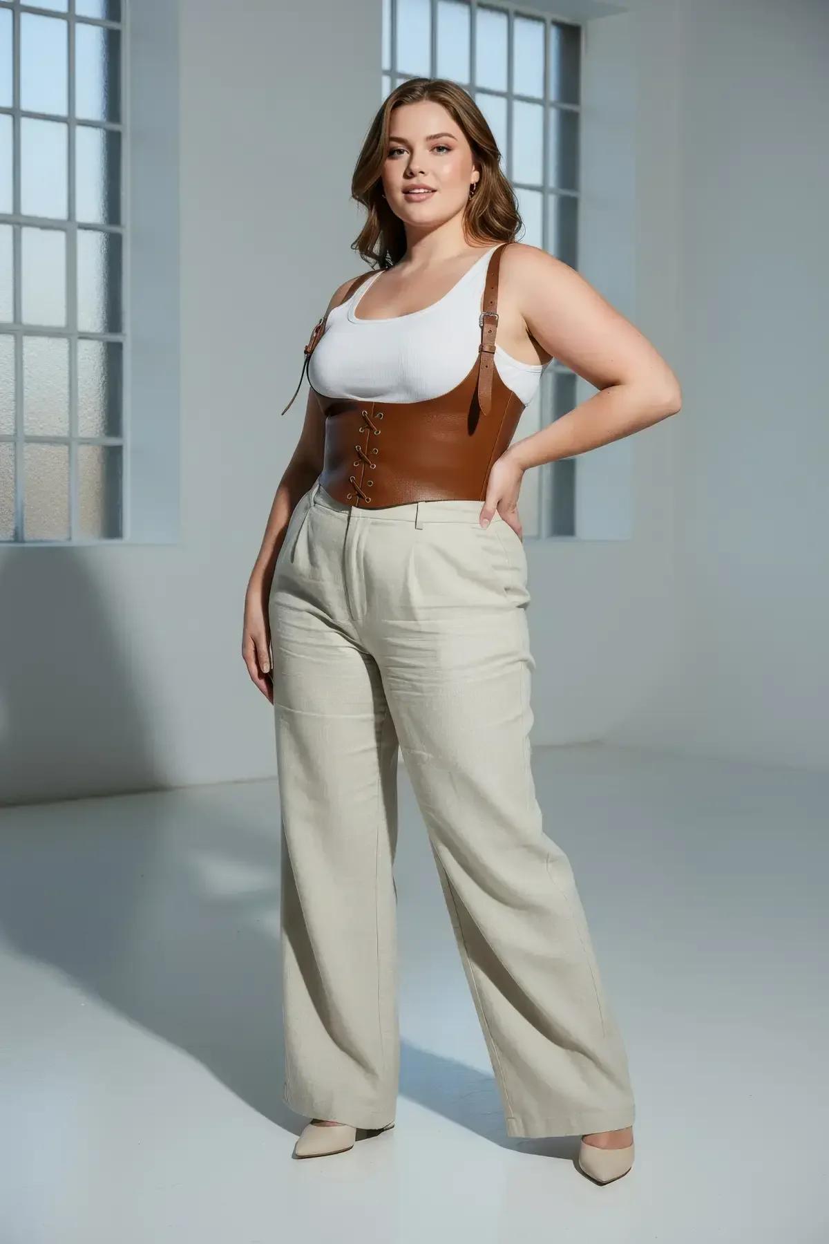 Brown underbust corset harness layered over cream ribbed tank and beige trousers