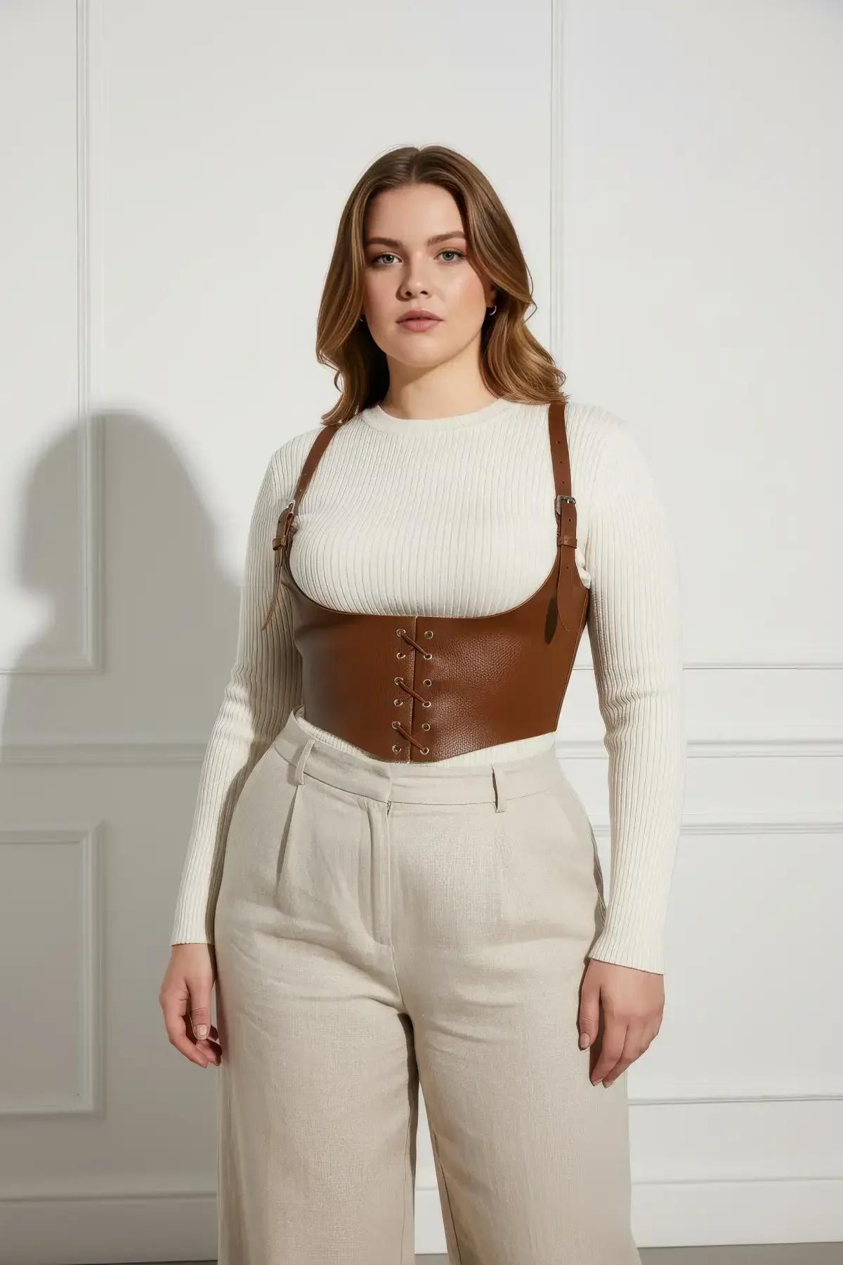 Back view of brown faux leather corset harness with adjustable shoulder straps crossing