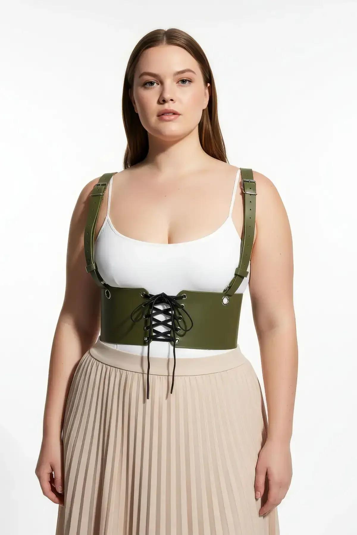 Side angle olive faux leather underbust harness with adjustable shoulder strap buckle