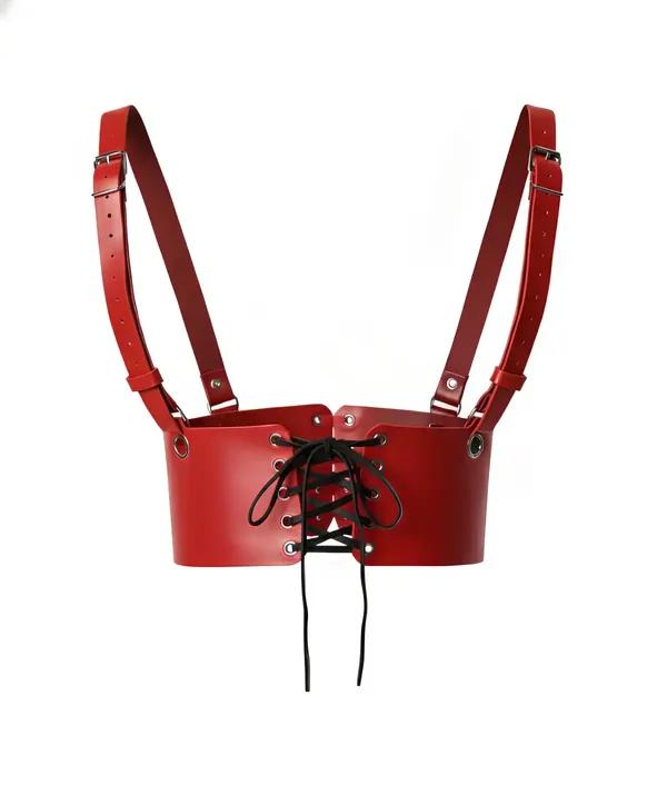 Red faux leather underbust harness with black lace-up front, silver grommets, and gunmetal adjustable shoulder straps