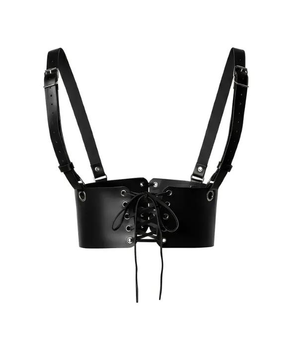 black faux leather corset harness with front lace-up closure and silver-tone adjustable shoulder straps, underbust style