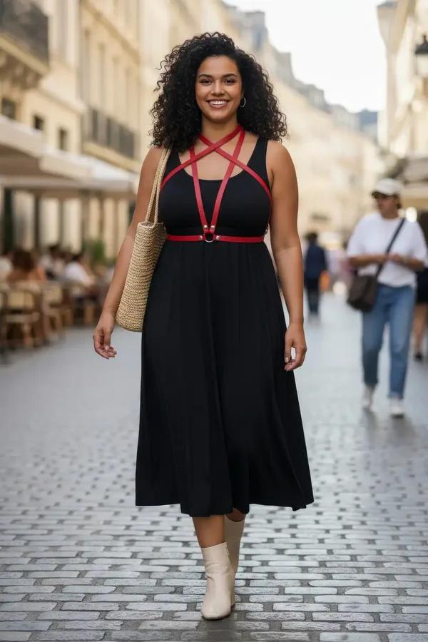 Red faux leather overbust harness with waist belt worn over black midi dress, silver O-ring hardware, street style