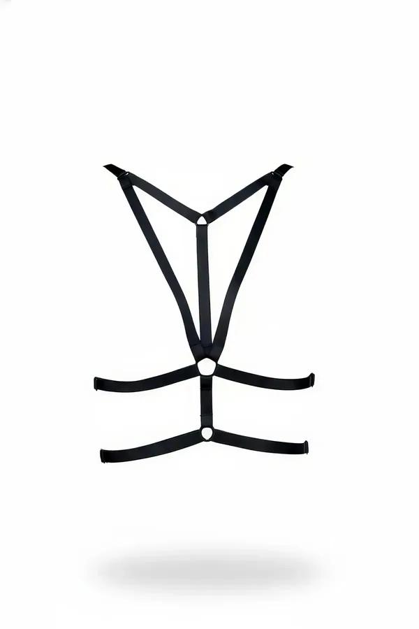 Siyah elastik bantlı göğüs harness gümüş metal O-halka detaylı V-form ayarlanabilir